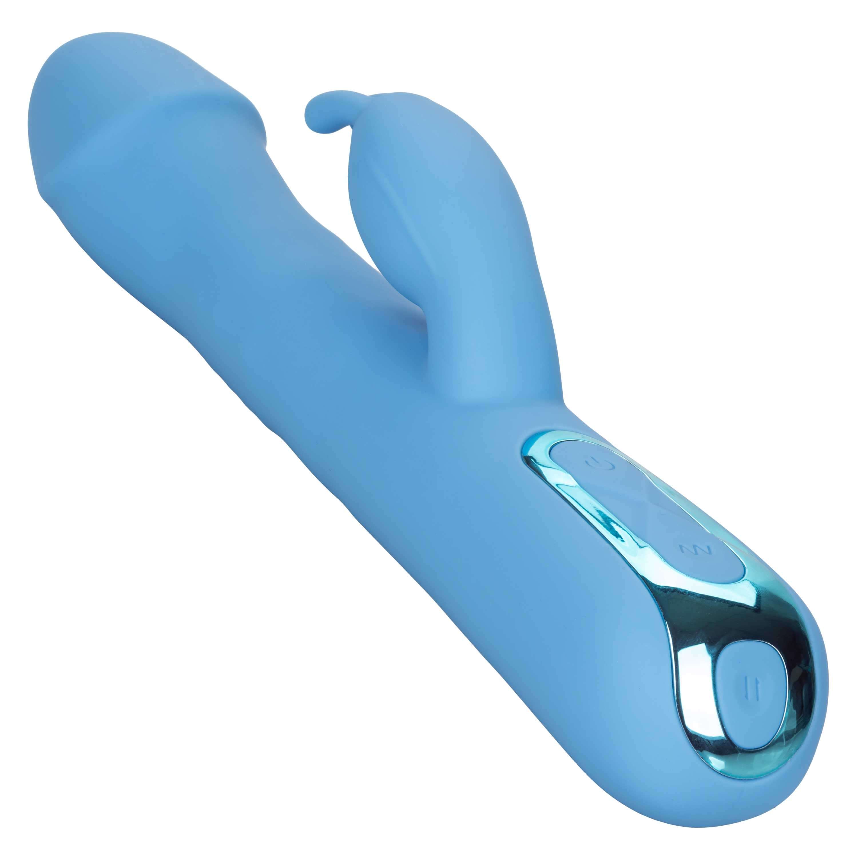 Jack Rabbit Elite Rotating Rabbit Vibrator Blue showing its smooth design and independent controls for customized stimulation.