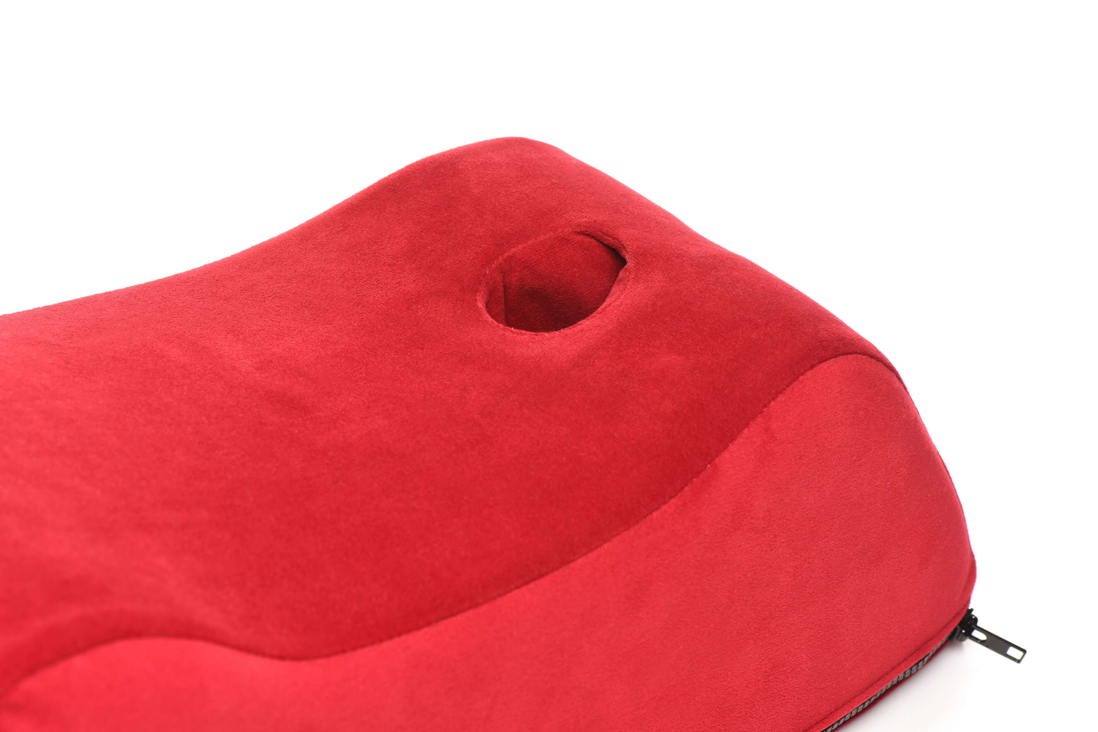 Red Delux Wand Saddle with ergonomic design and a 7" deep pocket for hands-free stimulation, featuring a washable soft outer cover.