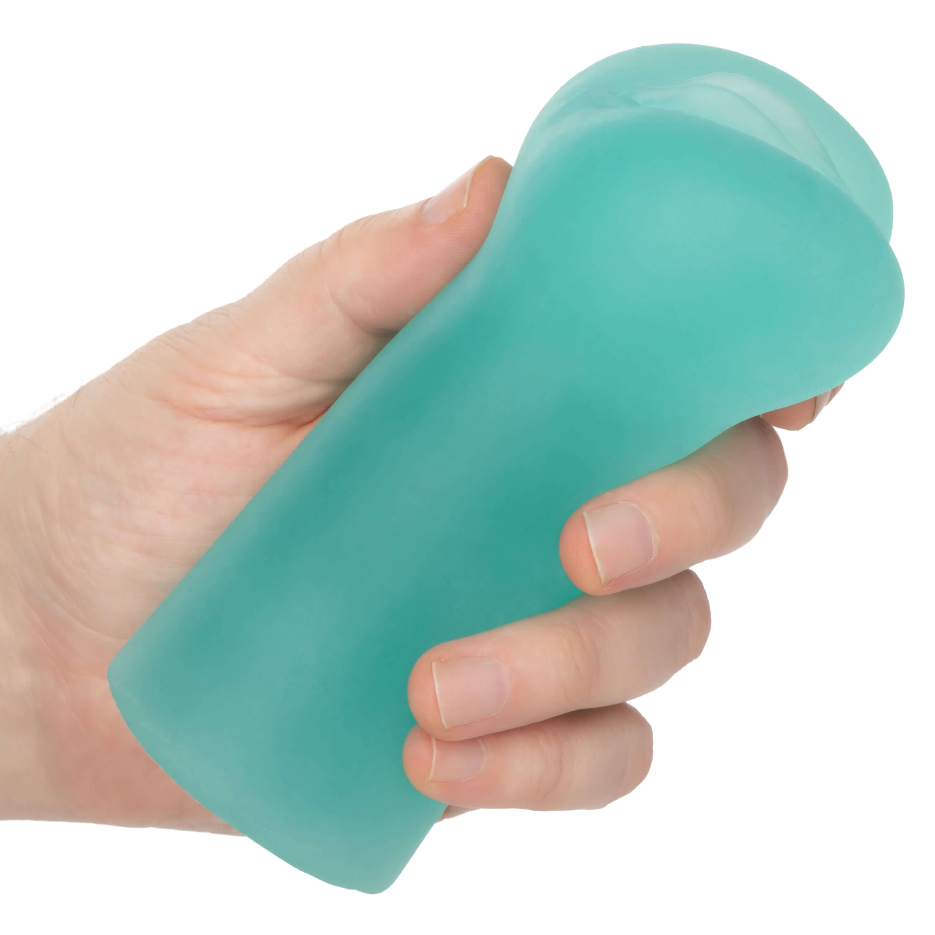Hand holding Cheap Thrills The Mermaid teal masturbator, showcasing its realistic and soft texture.