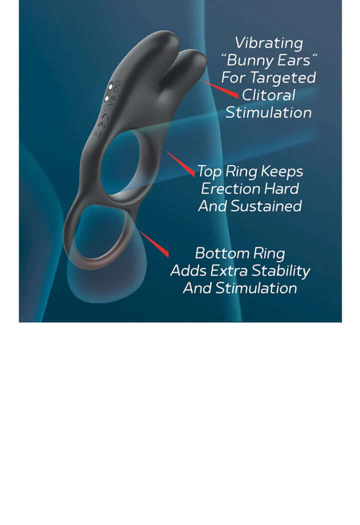 Red Dot Vibrating Cock Ring V1 in black, showcasing bunny ears for clitoral stimulation and dual rings for added support.