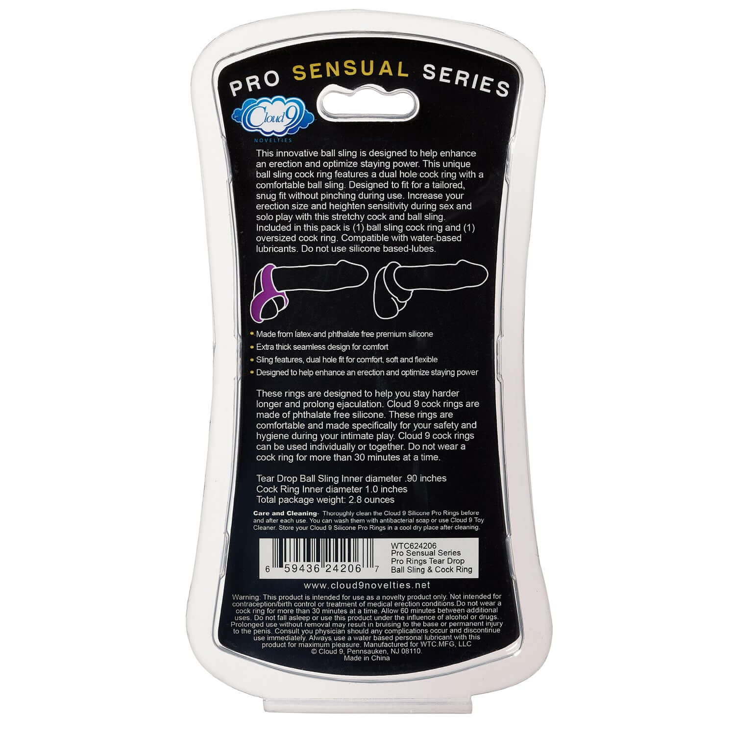 Packaging of Pro Sensual Silicone Tear Drop Ring with product details and illustrations