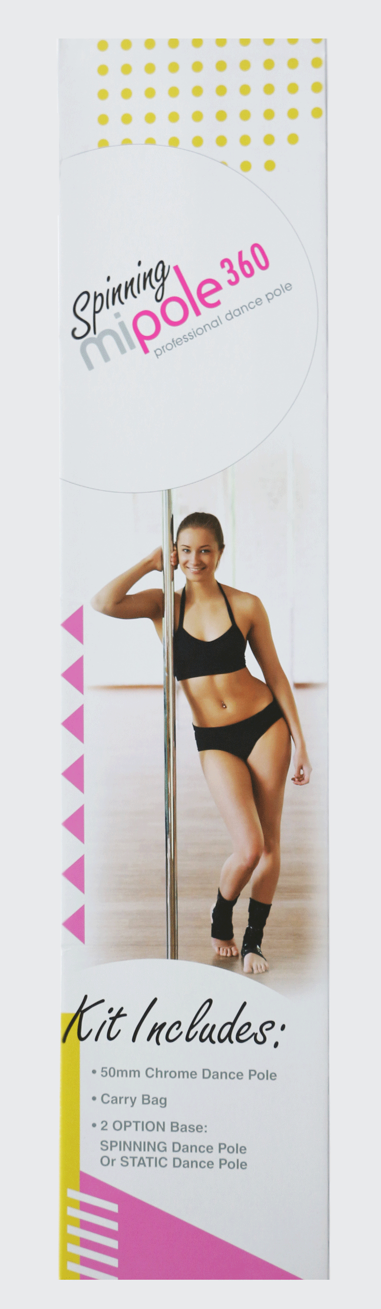 Mipole 360 Spinning Professional Dance Pole kit includes a chromed dance pole, carry bag, and bases for spinning and static use.