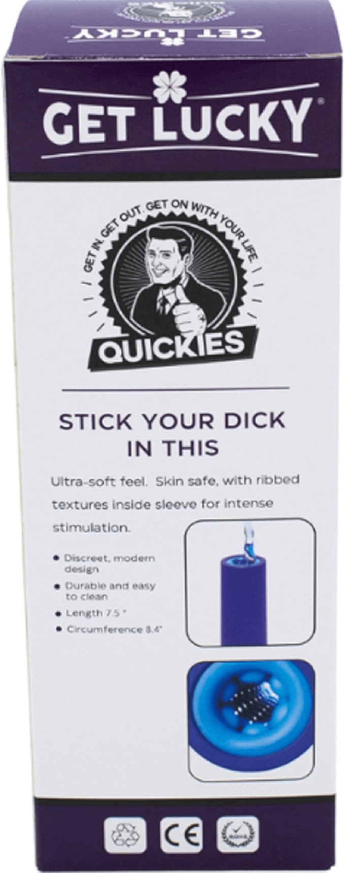 Quickies Stick Your Dick in This Stroker packaging showcasing ultra-soft feel and modern design for intense stimulation.