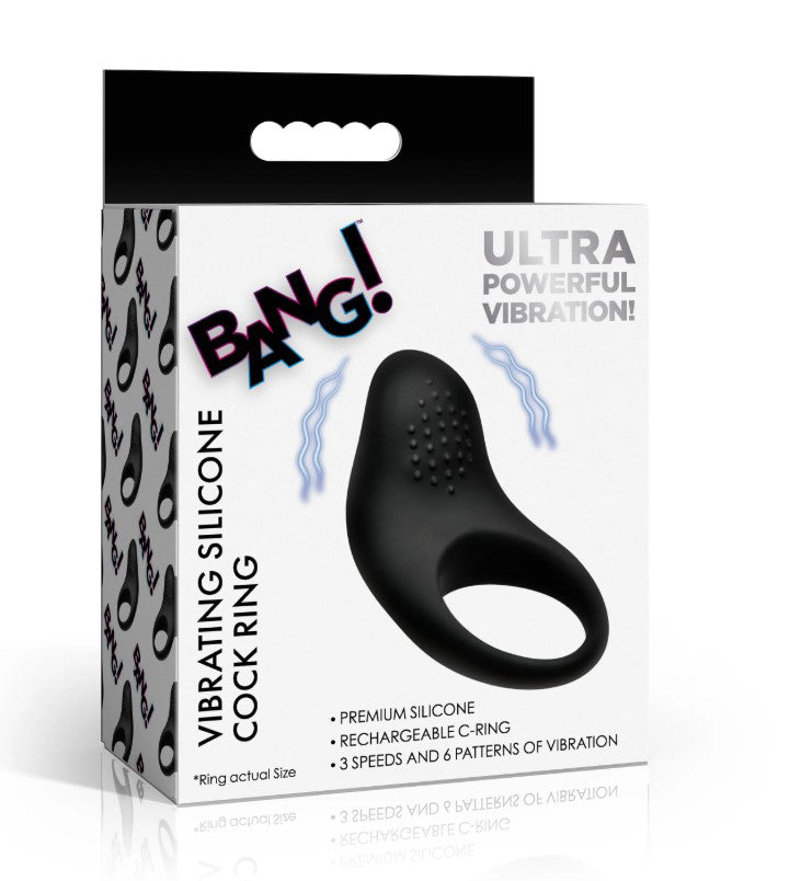Bang Vibrating Silicone Cock Ring Black packaging featuring premium silicone, rechargeable features, and ultra powerful vibration.