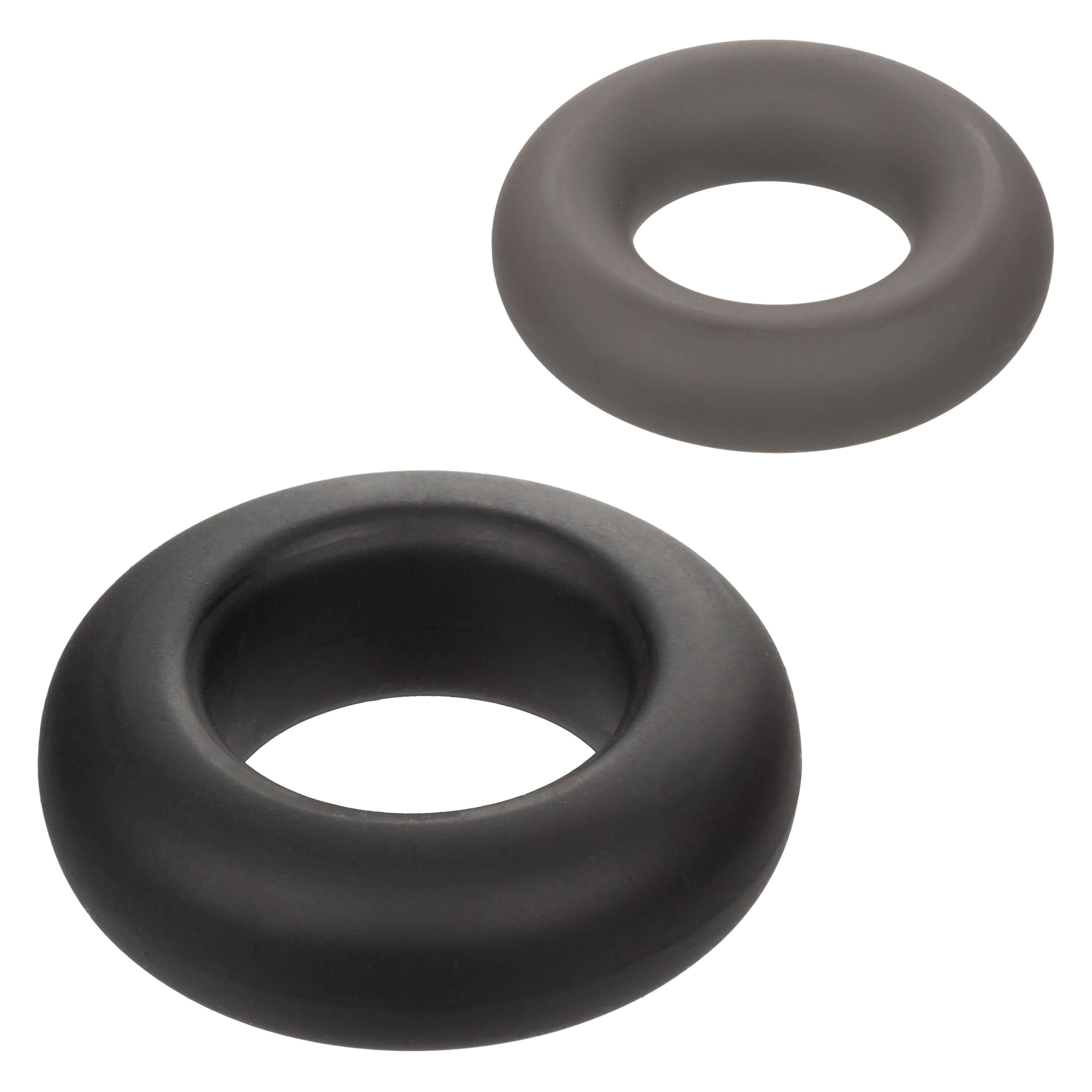 Alpha Liquid Silicone Prolong Set of 2 Black Gray enhancement rings in black and gray colors.