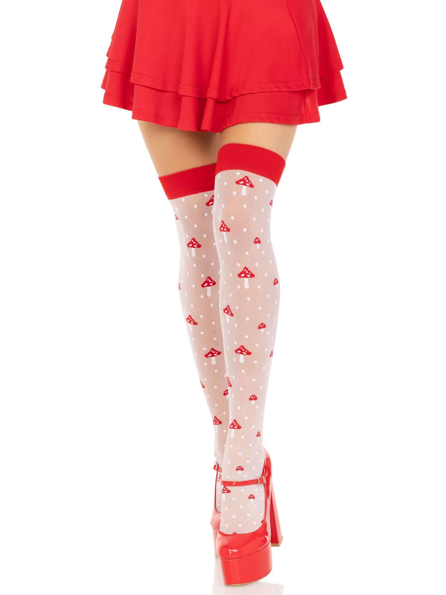 White spandex sheer polka dot mushroom thigh high stockings with red trim, worn with red high heels and a red skirt.