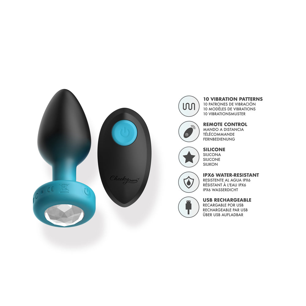 Cheeky Charms Eluxe Vibrating Anal Plug Medium with remote, silicone design, and 10 vibration patterns for enhanced pleasure.