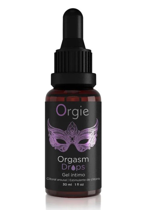 Orgie Orgasmic Drops Clitoral Arousal Serum 1 Oz bottle with dropper for enhancing intimacy and sensitivity.