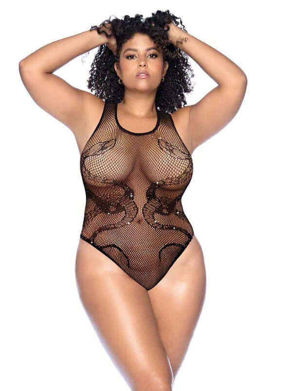 Snake Fishnet Rhinestone Bodysuit - Curve Os - Black-0