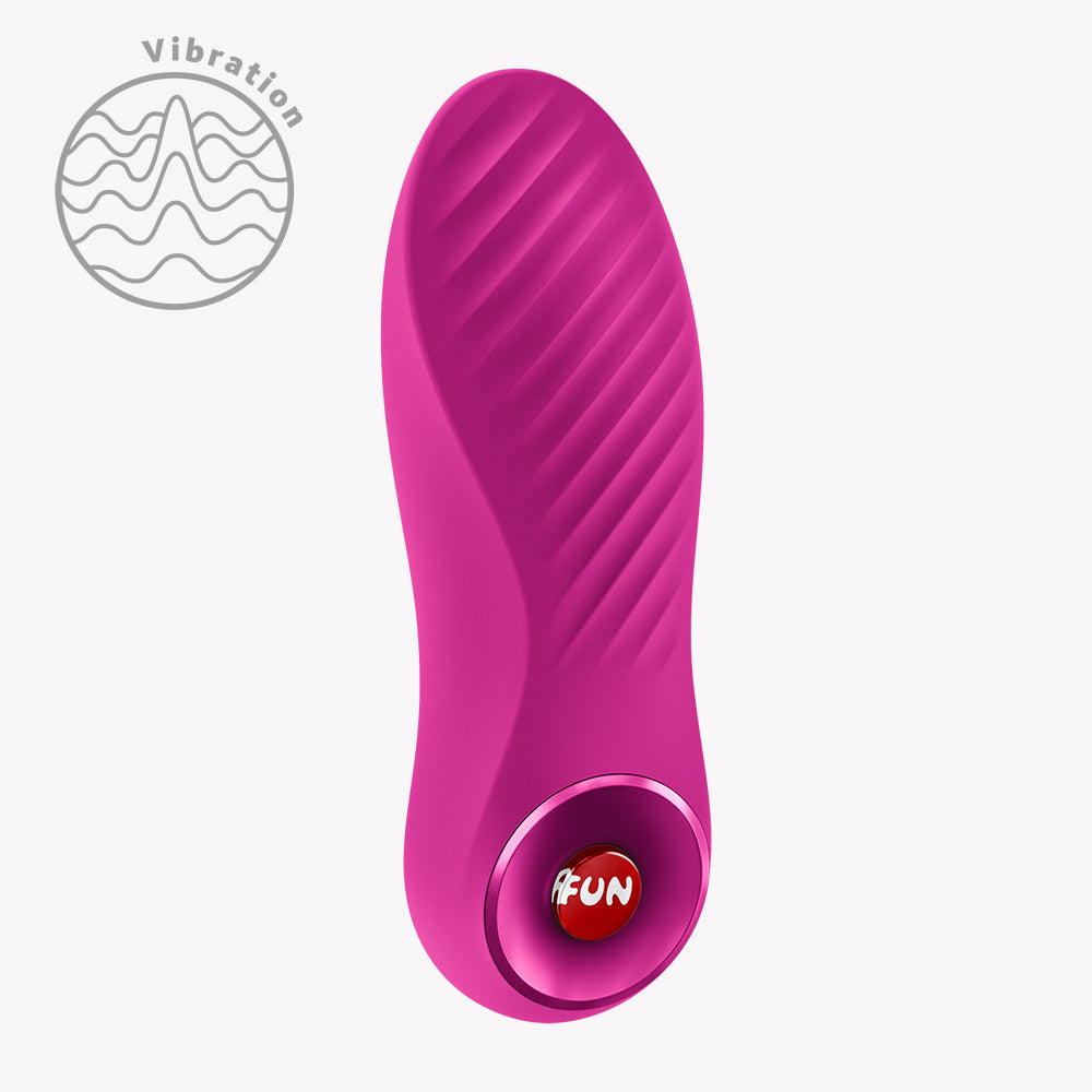 Fun Factory Bijou Bullet Vibrator Magenta shown with a textured design and red button for enhanced pleasure.