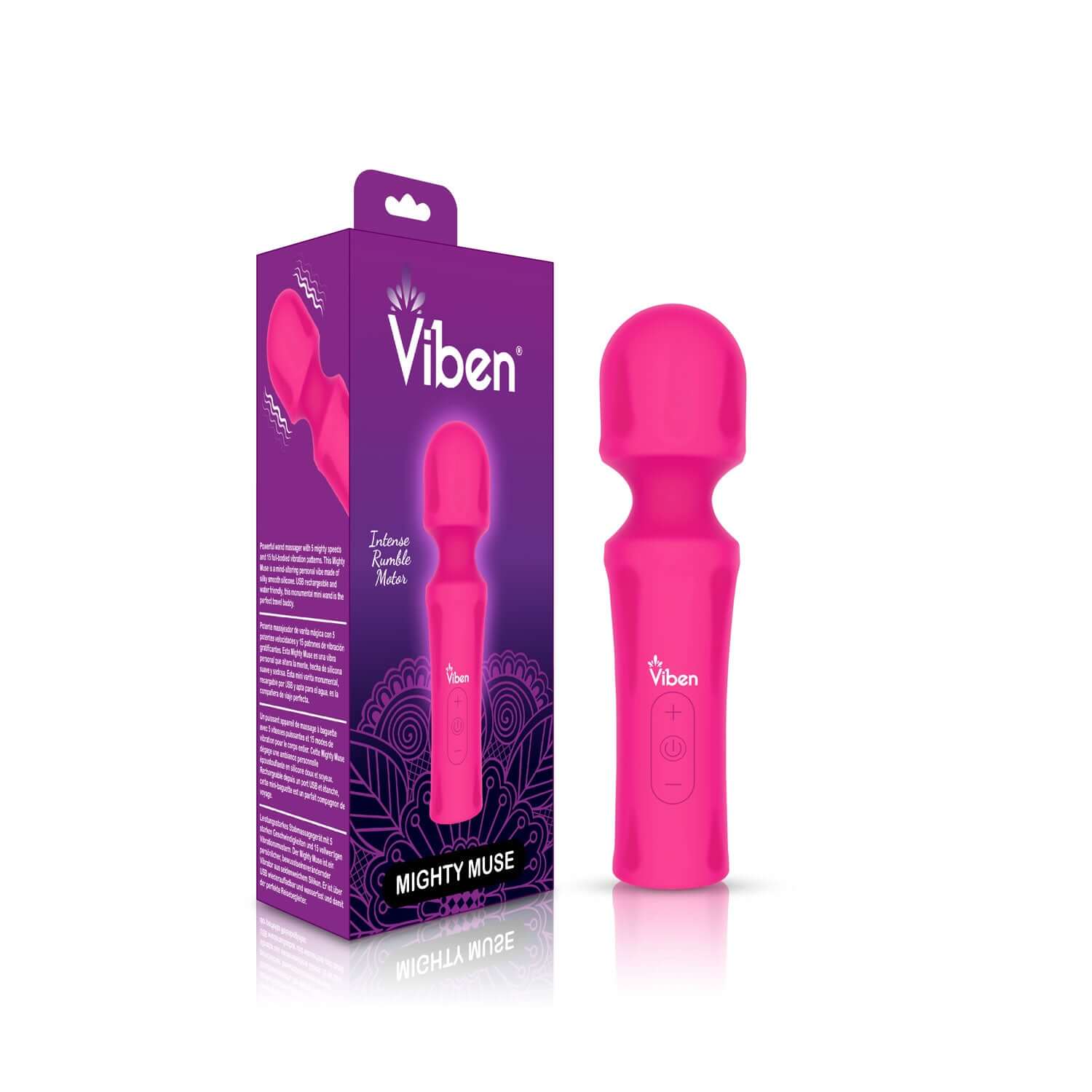 Hot pink Mighty Muse personal wand massager with packaging, featuring ergonomic design and 15 vibration patterns.