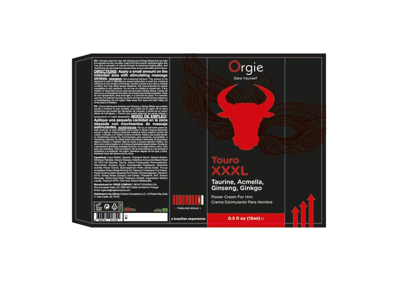 Orgie Touro Xxxl Power Cream for Him 15 ml packaging with herbal ingredient details and usage instructions.
