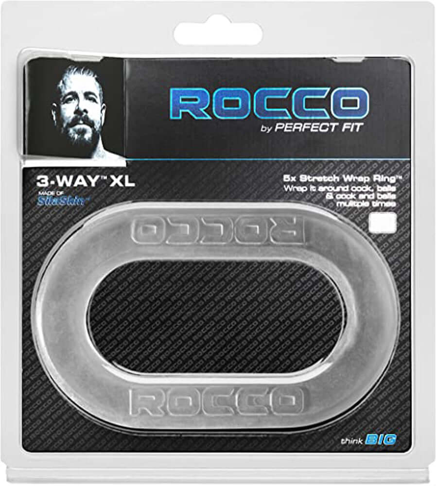 The Rocco 3-Way XL Wrap Ring Clear Perfect Fit packaging with product details and design.