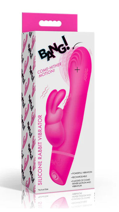 Bang Come Hither Silicone Rabbit Vibrator Pink packaging showcasing dual-stimulation features and vibrant design.