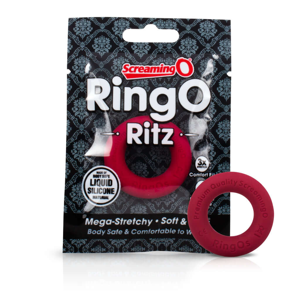 Screaming O Ringo Ritz Red packaging showcasing the premium cock ring made from mega-stretchy liquid silicone.