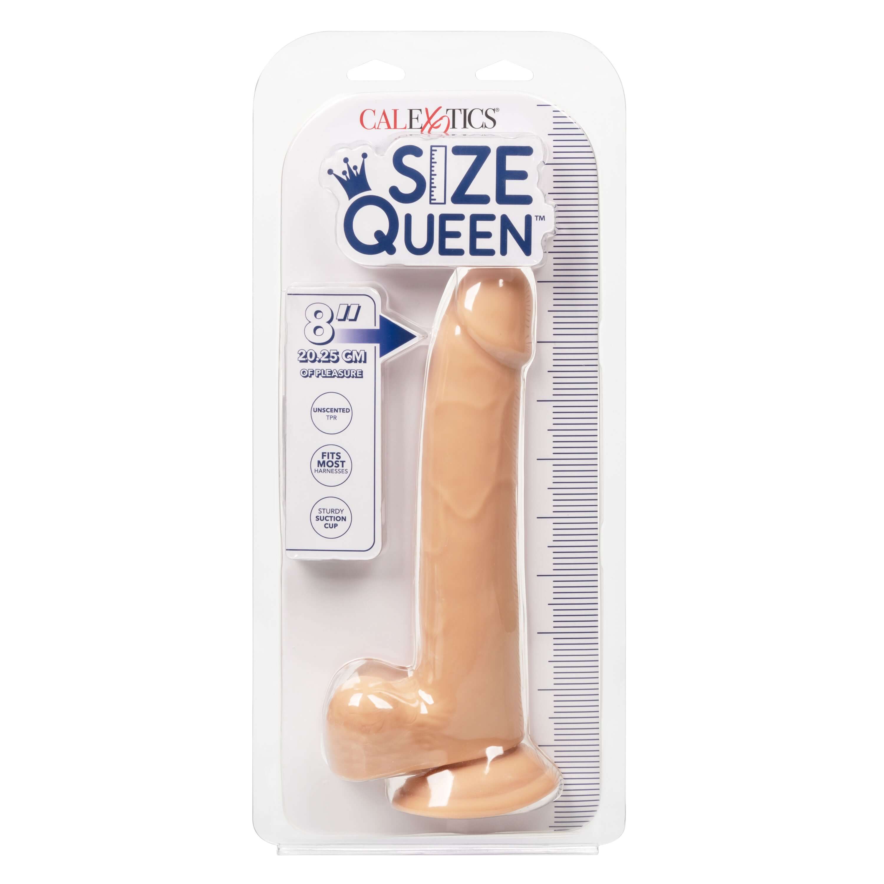 Size Queen 8 inch Dildo Ivory in packaging with clear view, showcasing realistic details and measurements.