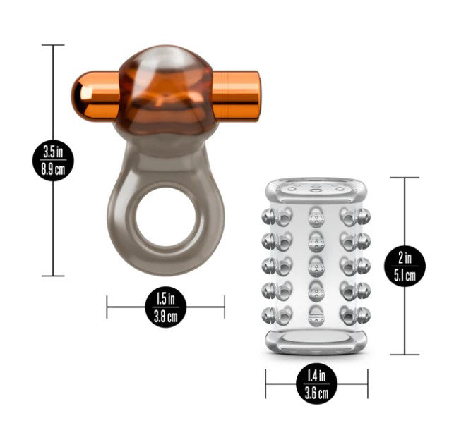 Blush Stay Hard Vibrating Cock Ring Set With Penis Sleeve dimensions and features illustration.