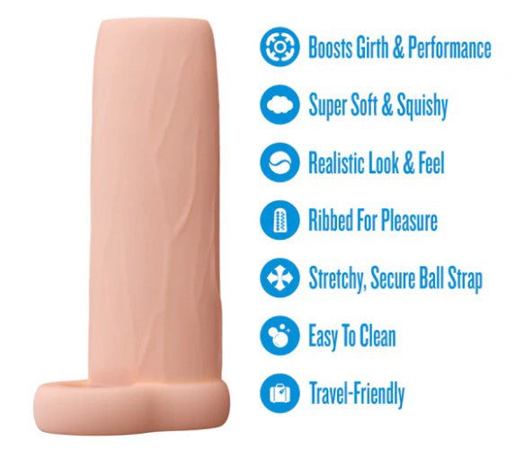 Performance 4.25 Inch Enhancement Penis Sleeve Beige features soft texture, ribbed design, and secure ball strap for enhanced pleasure.