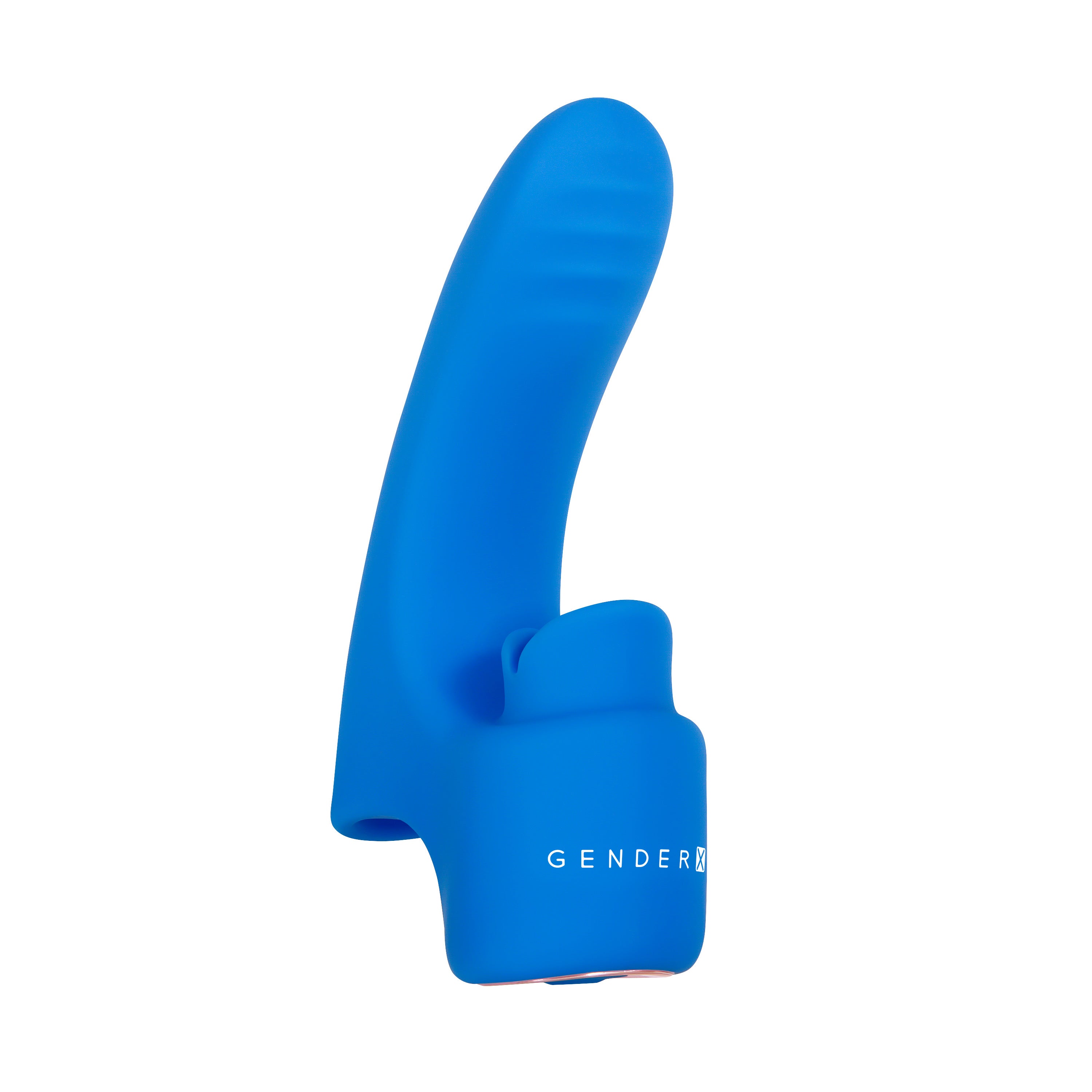 Gender X Flick It Rechargeable Silicone Vibrator Blue featuring a flexible shaft and tongue-flicking base.