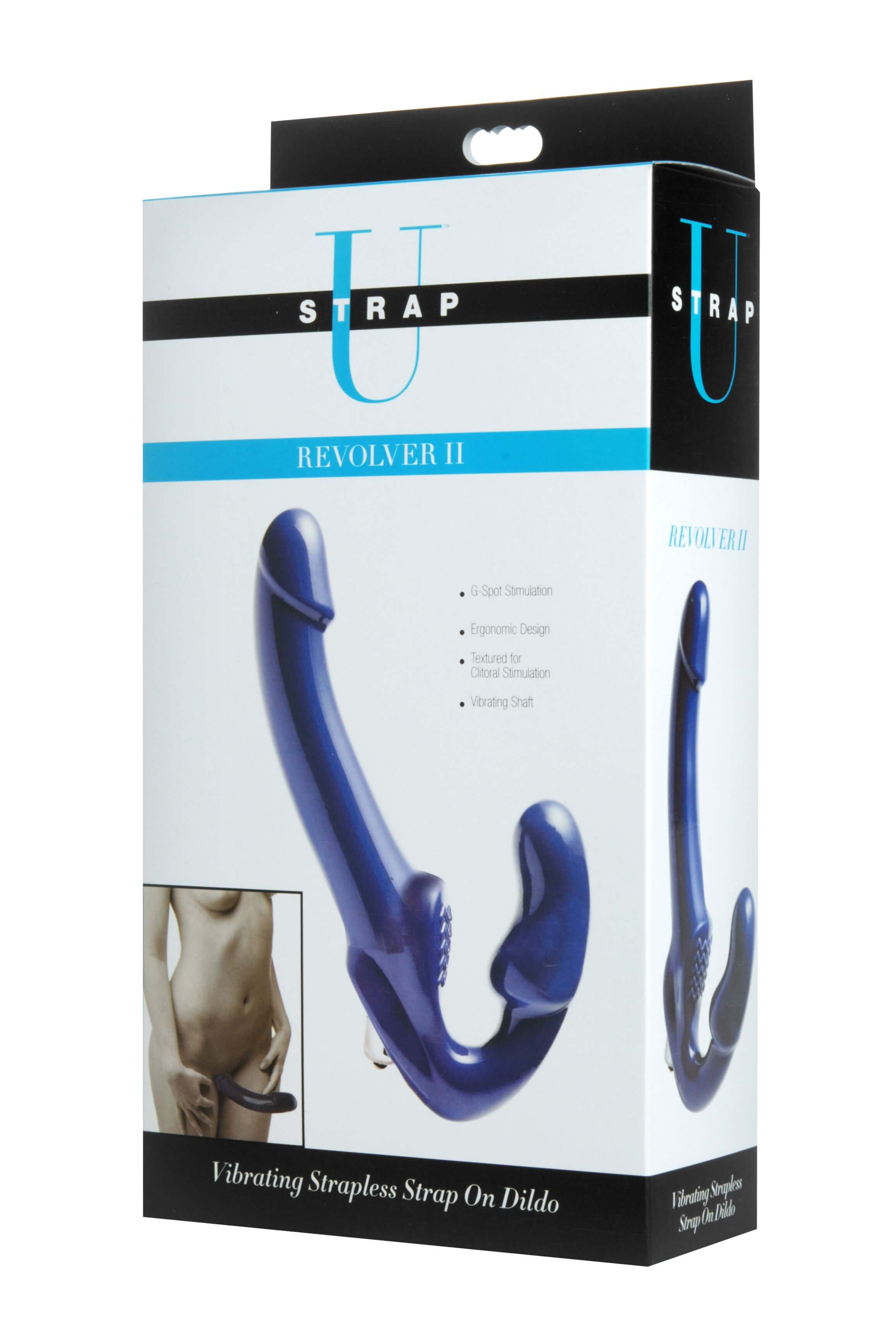 Revolver II Vibrating Strapless Strap On Dildo Blue packaging displaying unique design and features.
