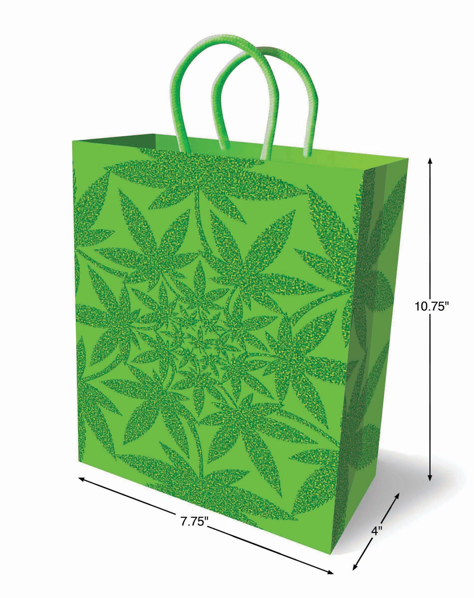 Glitter Ganja Gift Bag Green featuring a bold green leaf design and stylish handles for gift presentation.