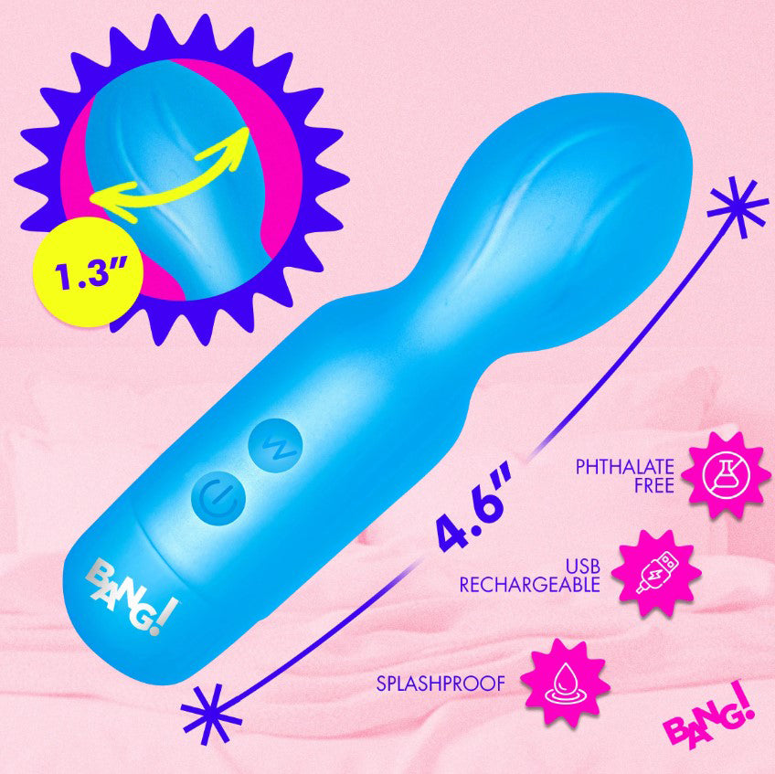 Bang 18X Vibrating Silicone Mini Wand Blue with splashproof design, USB rechargeable, and body-safe materials.