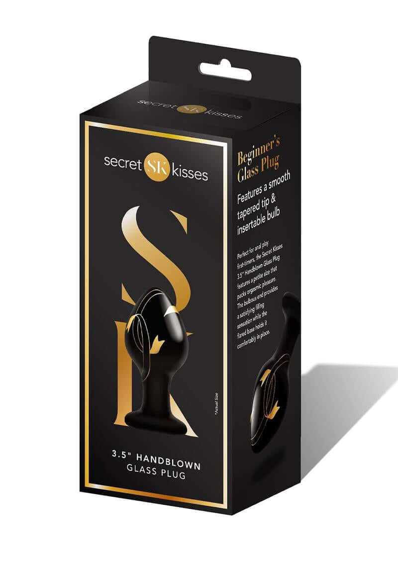 Secret Kisses 3.5 Inch Hand blown Glass Plug Black packaging showcasing smooth design and features for beginners.