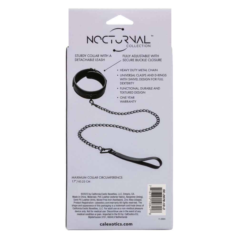 Packaging of Nocturnal Collection Collar and Leash in black, featuring a sturdy collar with detachable leash, adjustable buckle closure, and heavy-duty metal chain.