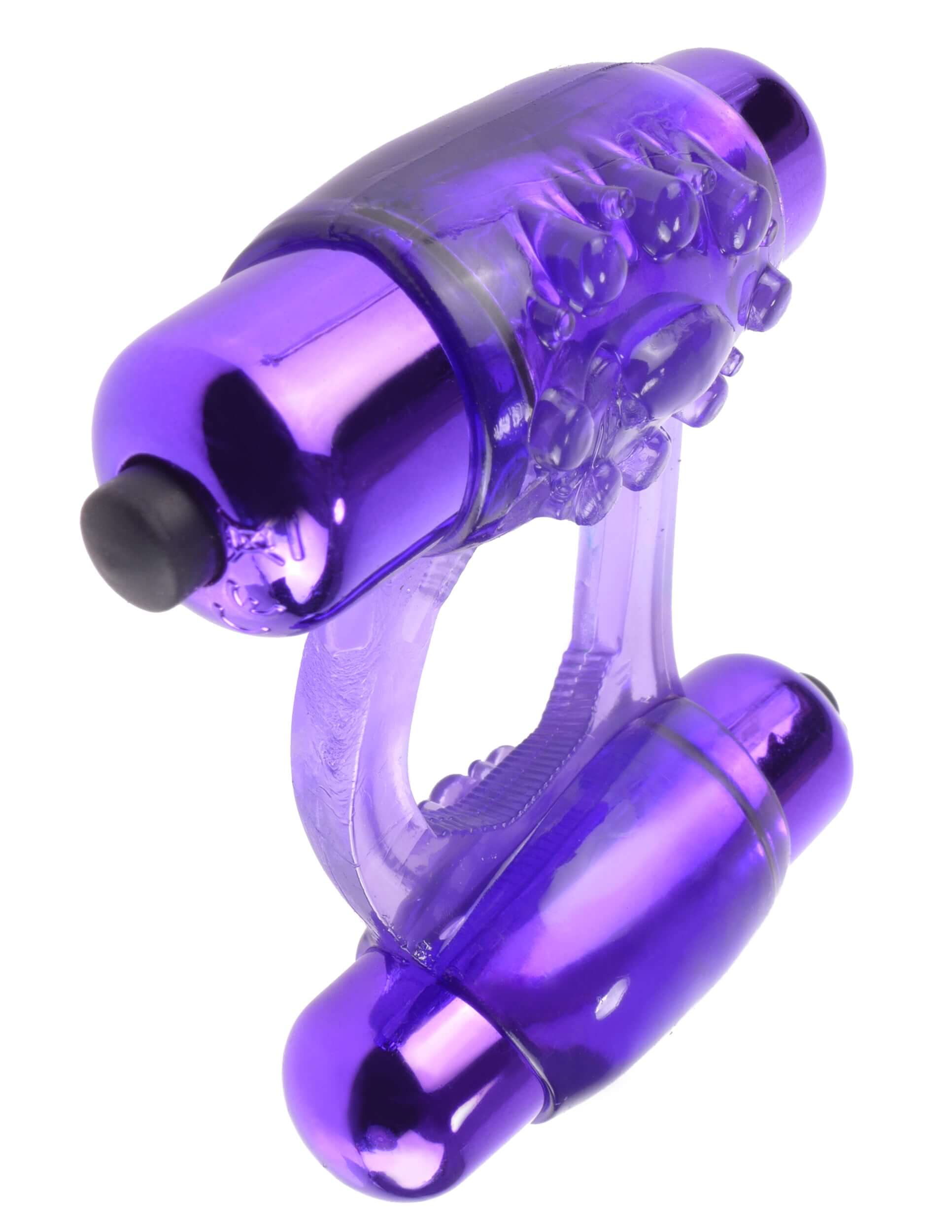 Fantasy C-Ringz Duo Vibrating Super Ring Purple showcasing its dual vibrating bullets and stretchy support design.