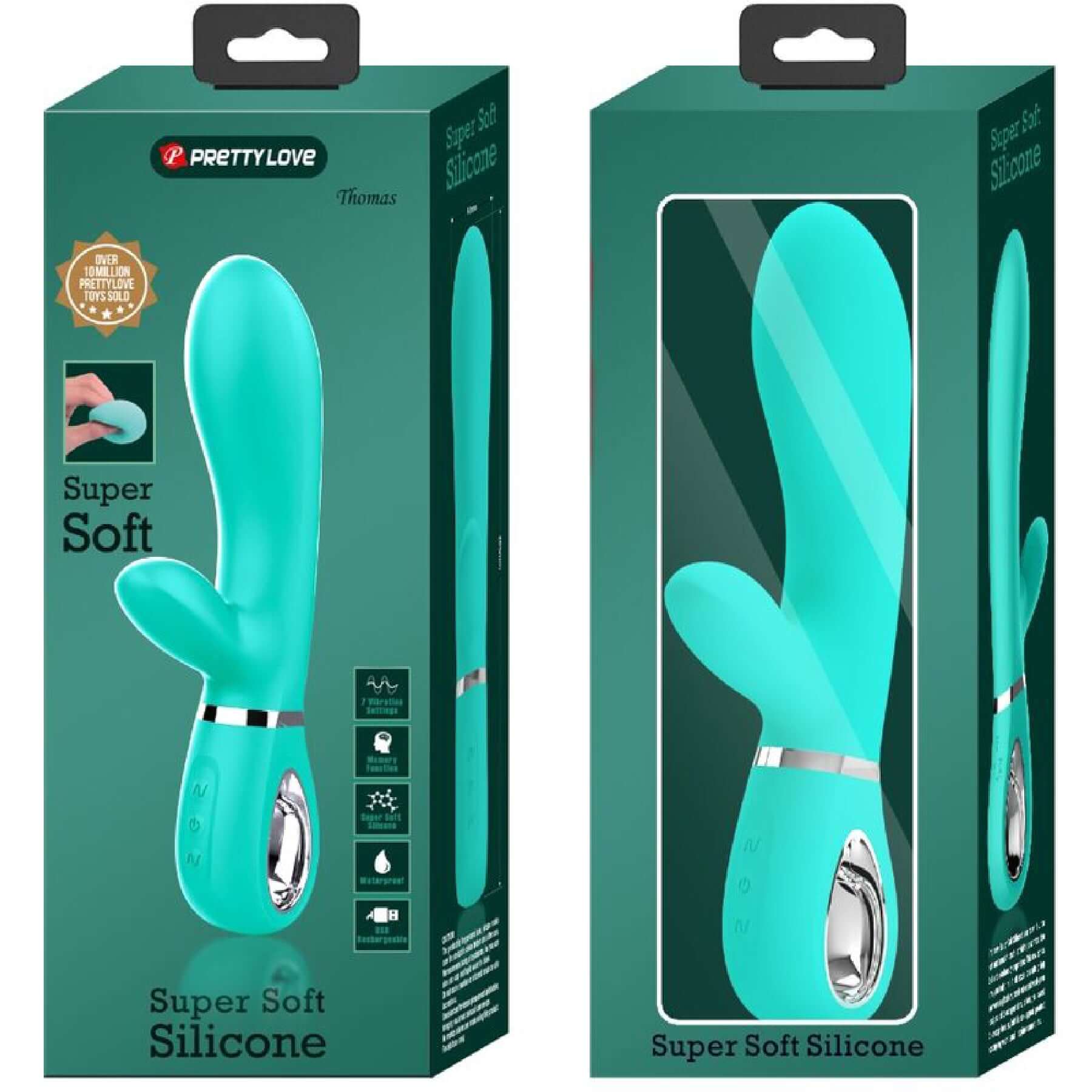 Thomas Super Soft Silicone Rabbit Vibrator in turquoise packaging with 7 vibration settings for intense pleasure.