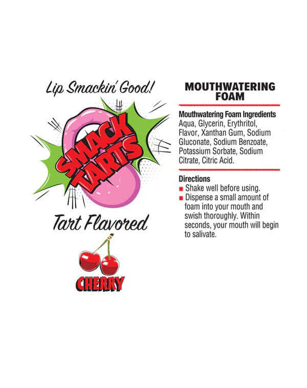 Smack Tarts Mouthwatering Foam Sour Cherry 2.7 Oz product label showing ingredients and directions for use.