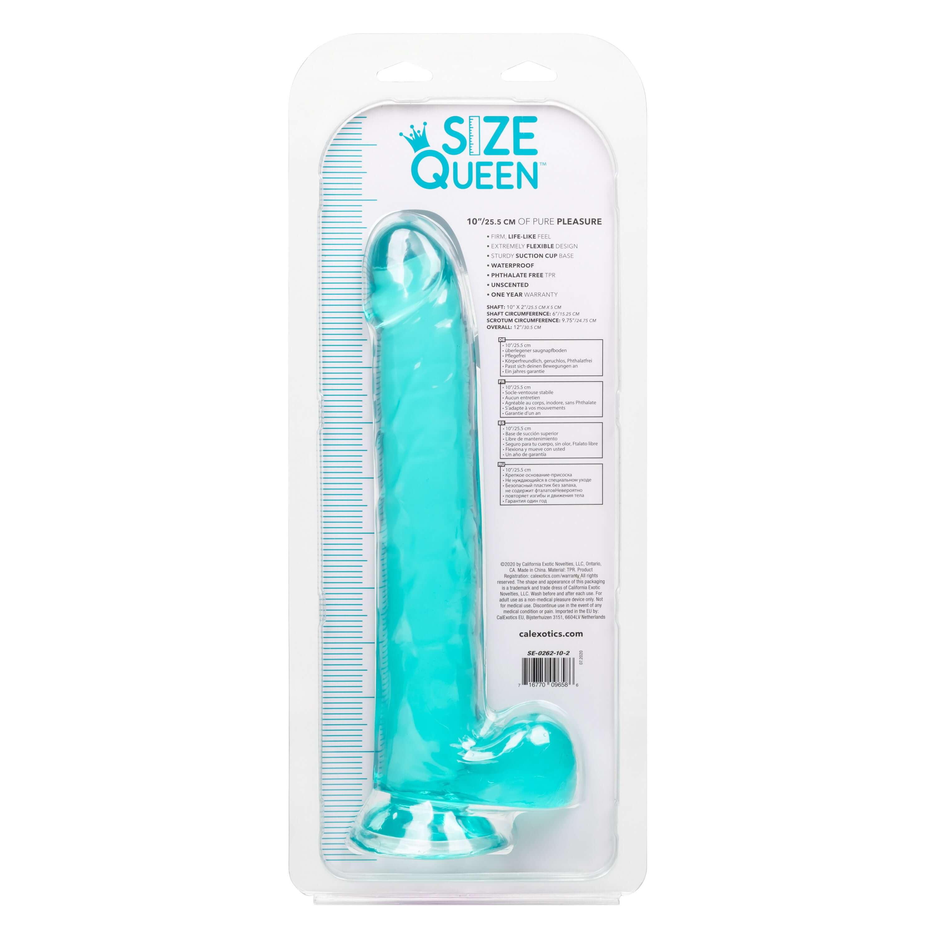 Size Queen Large Dildo 10 inch Blue in packaging showcasing its lifelike texture and design.