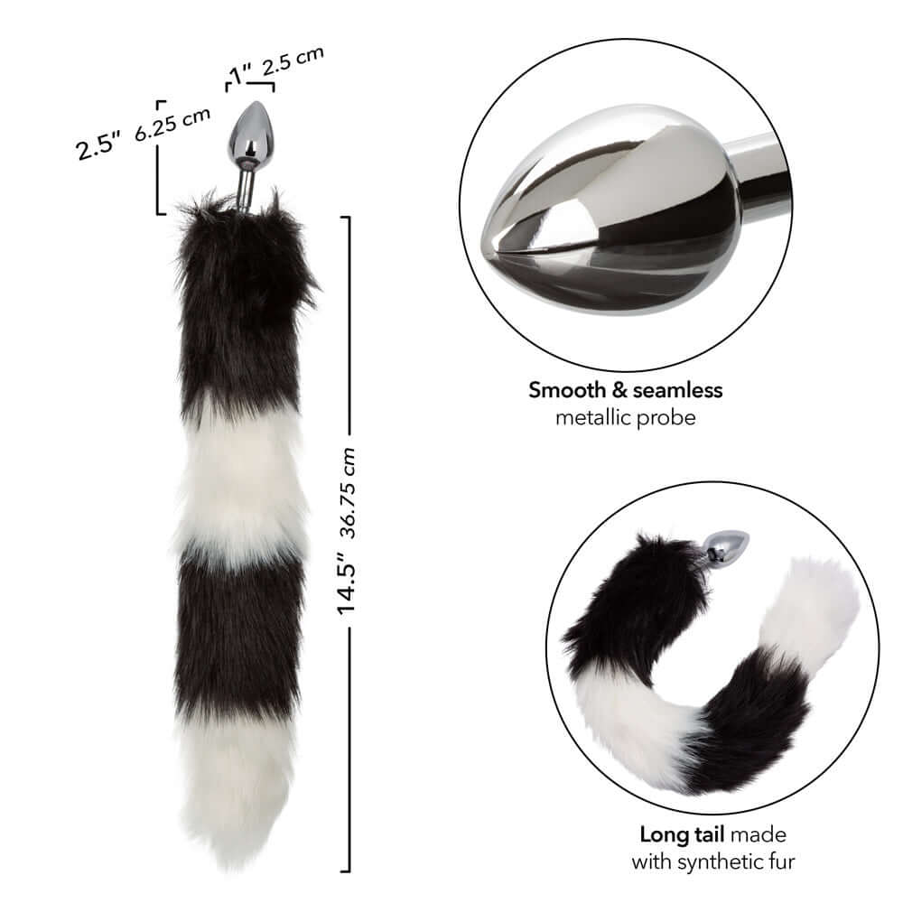 Running Wild Tail Butt Plug Black White with sleek metallic probe and luxurious long tail design.