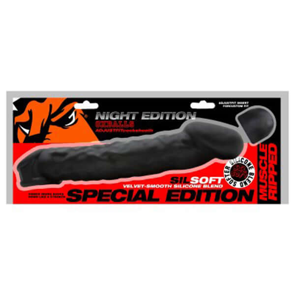 OXBALLS Muscle Ripped slim cocksheath in velvet-smooth silicone, Night Edition, packaged with bold design.