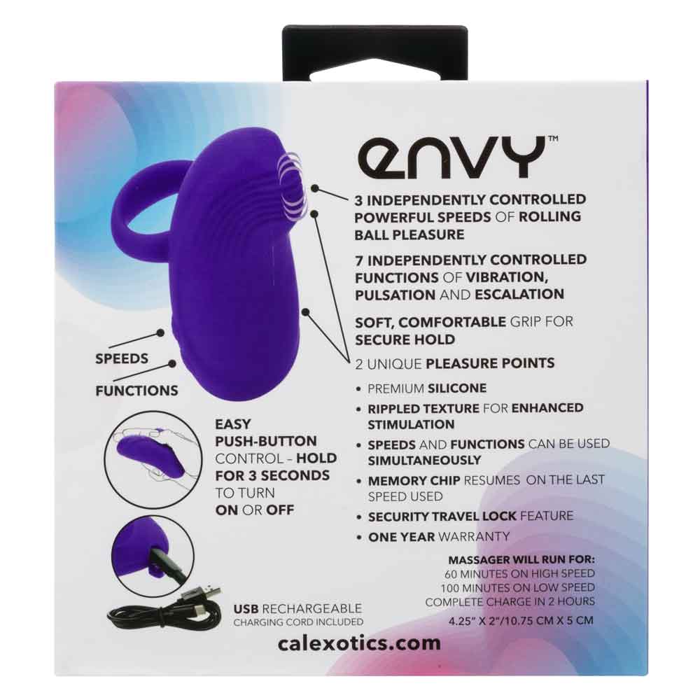 Back of the Envy Handheld Rolling Ball Massager packaging with features and specifications outlined.