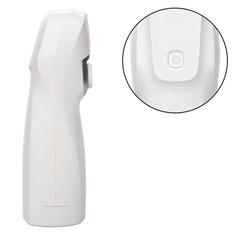 Optimum Power Lifelike Pulsar Stroker - White side view with close-up of power button