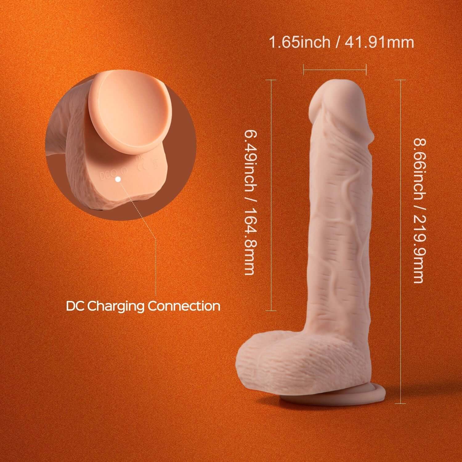 App-controlled 7.5 inches realistic thrusting dildo with detailed measurements and strong suction cup base.