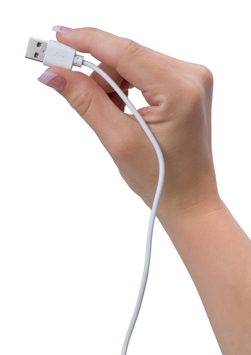 Hand holding a USB cable, part of the Screaming O Recharge Charging Cable for convenient charging of toys.