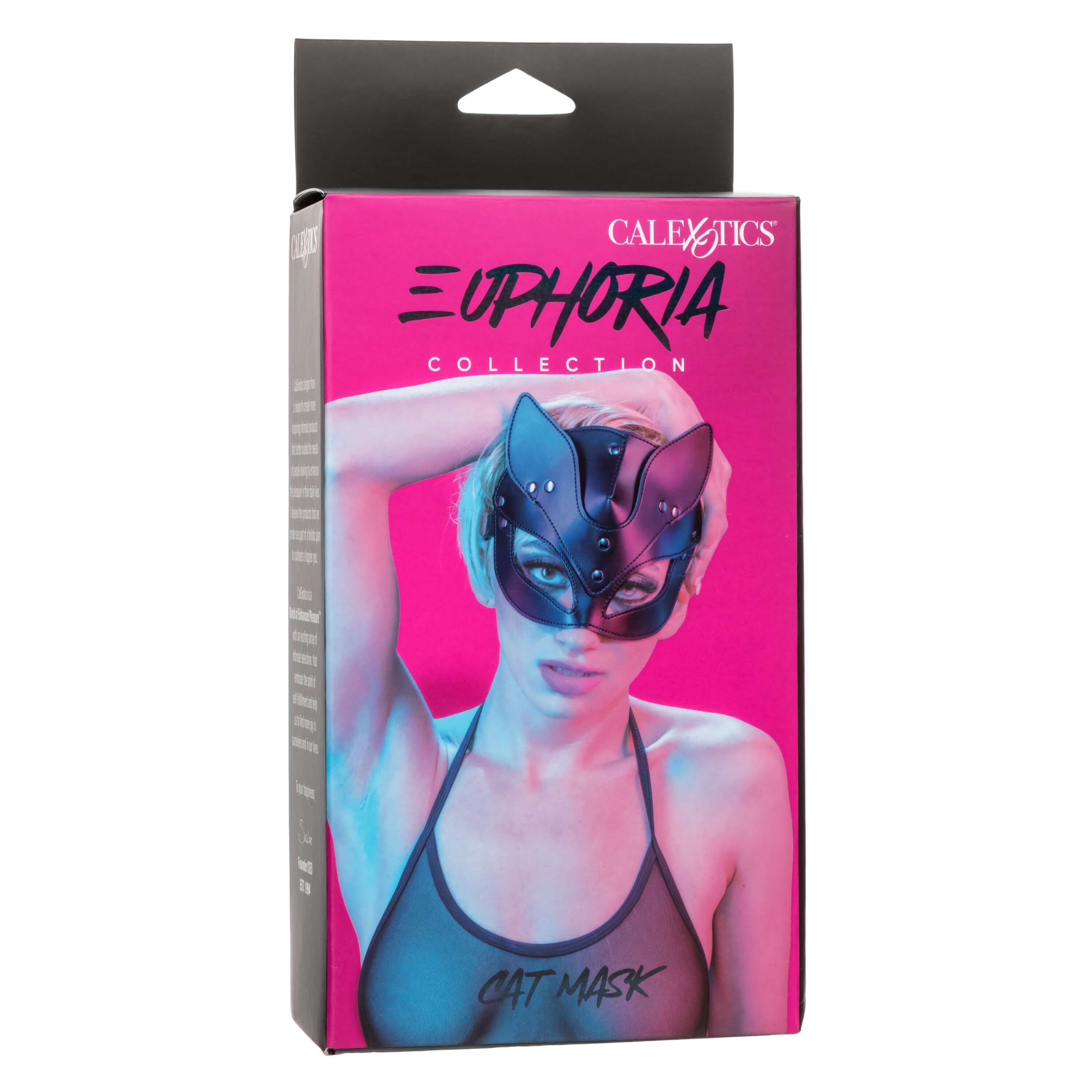 Euphoria Collection Cat Mask Black package featuring a model wearing the seductive accessory for role-play and self-expression.