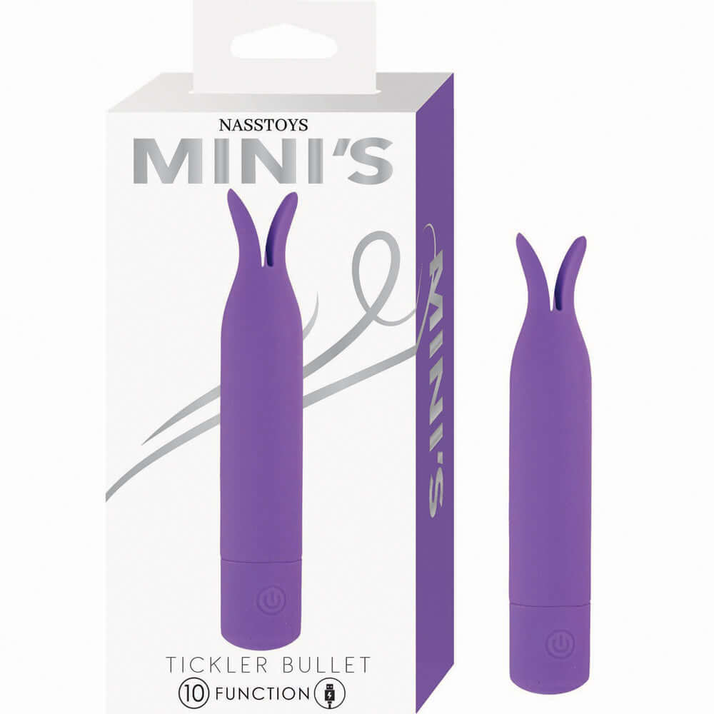 Nasstoys Minis Tickler Bullet Purple vibrator in packaging, featuring a unique silicone design and 10 functions.