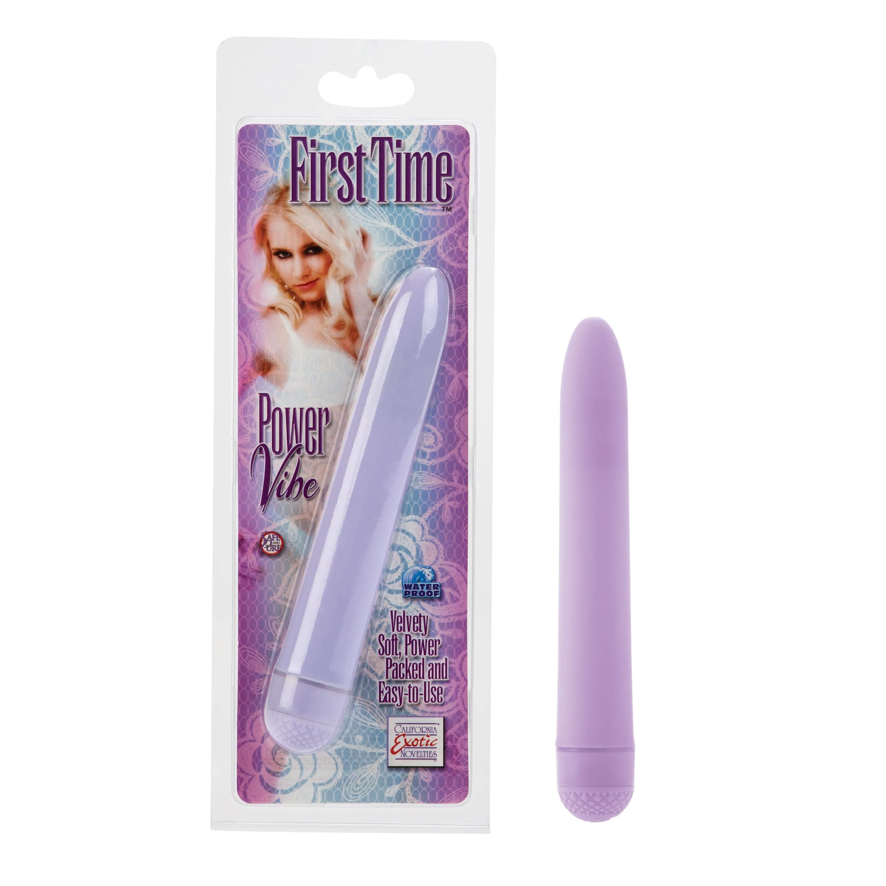 First Time Power Vibe Purple packaging with a soft, velvety massager designed for beginners.