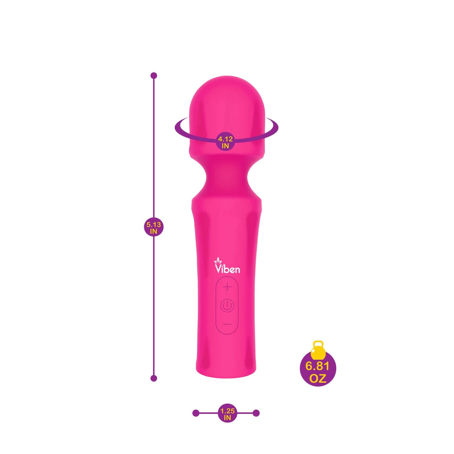 Mighty Muse Hot Pink Wand Massager, 6.1 inches tall, silicone, 4.12-inch head, 6.81 oz, ergonomic handle, USB rechargeable.
