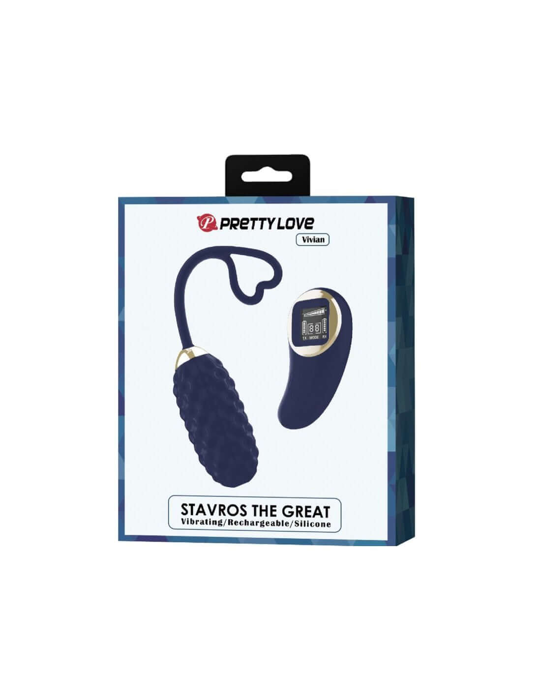 Pretty Love Vivian Remote Control Vibrating Egg in blue packaging with digital meter and wireless remote, 10 vibration patterns.