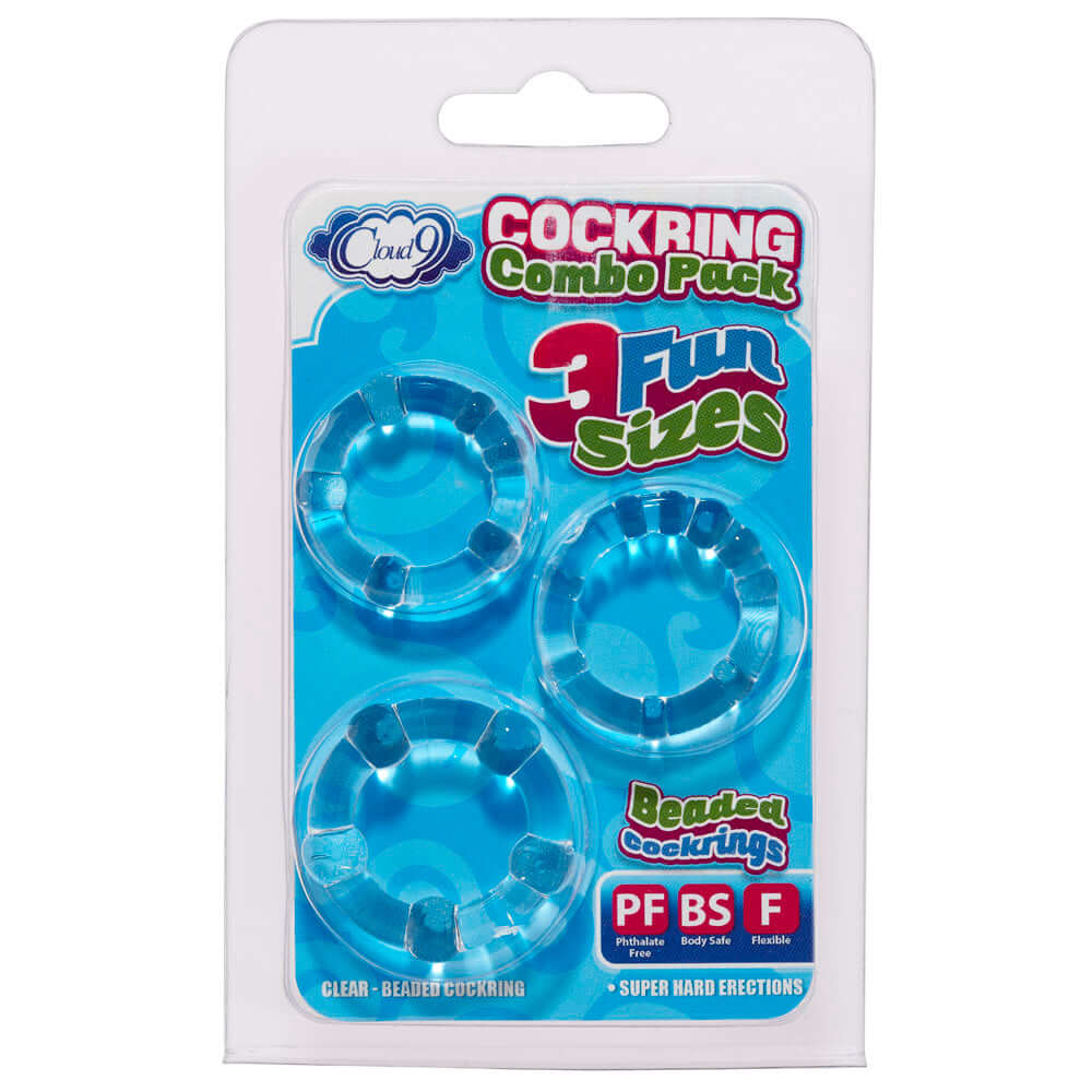 Cockring Combo Beaded 3 Pack Clear - three clear beaded cock rings in a package for adjustable support and sensation.