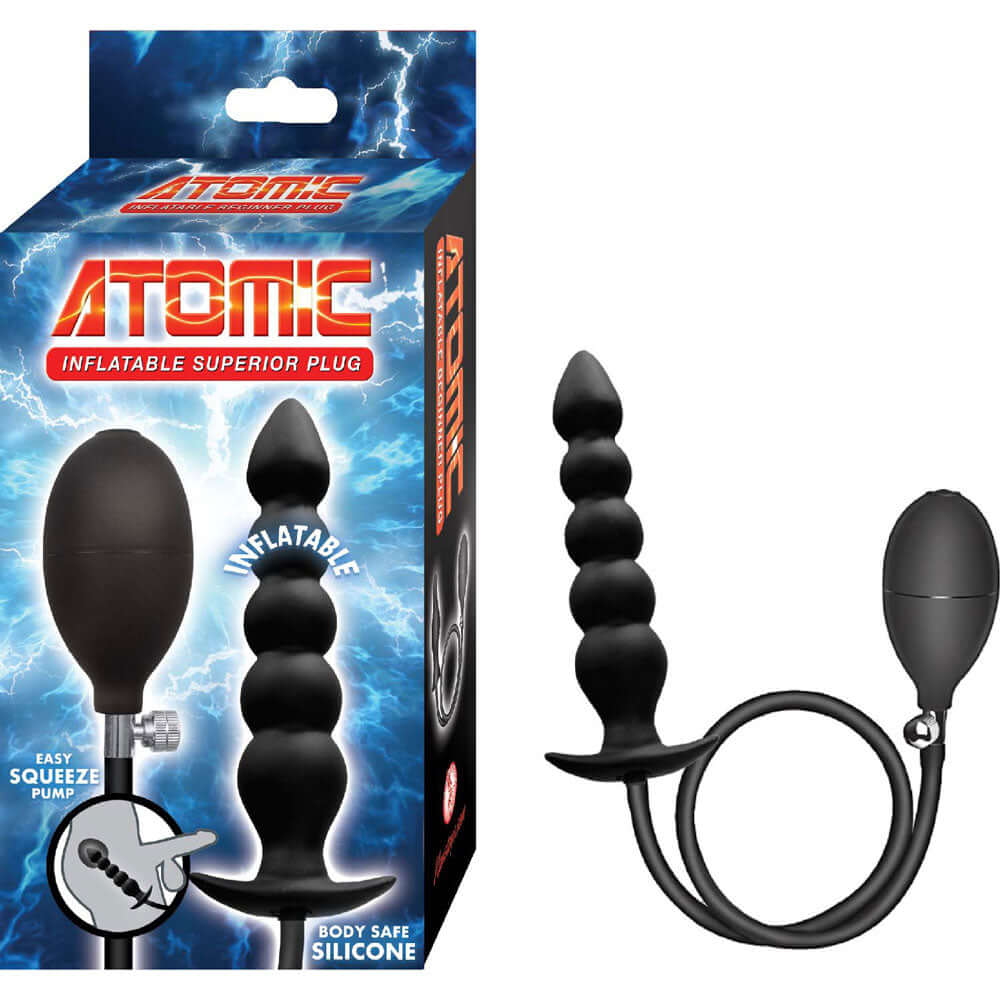 Atomic Inflatable Superior Plug Black packaging and product with easy squeeze pump for customizable anal play.
