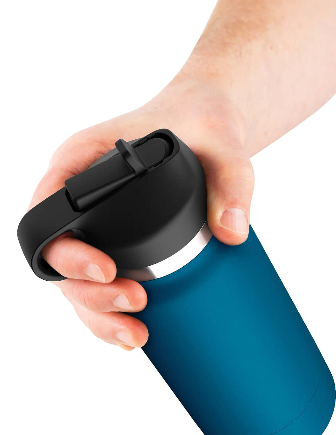 Hand holding blue Fuck Flask water bottle stroker with black lid, designed for discreet use and privacy.