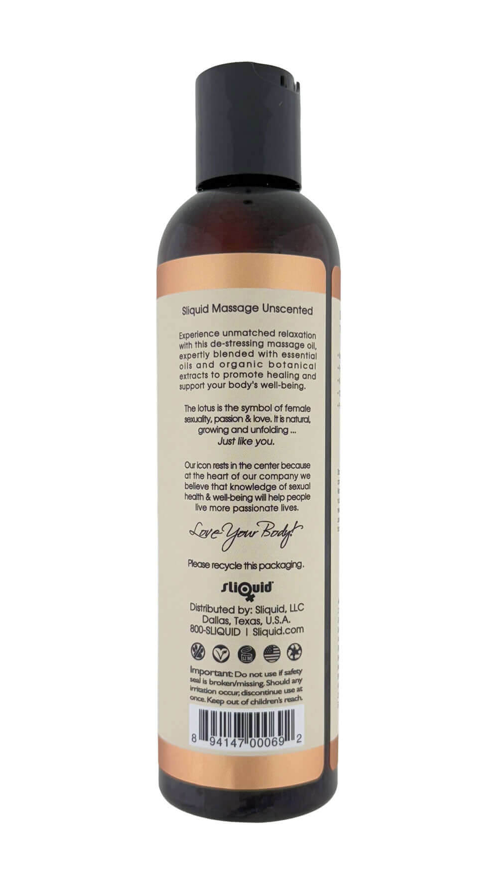 Sliquid Balance Massage Unscented 8.5 Oz bottle featuring luxurious massage oil for relaxation without fragrance.