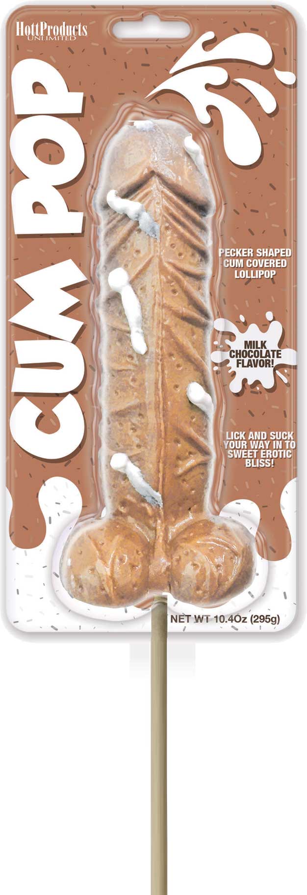 Cum Cock Pops Milk Chocolate novelty chocolate lollipop shaped like a penis with milk chocolate flavor and colorful packaging.