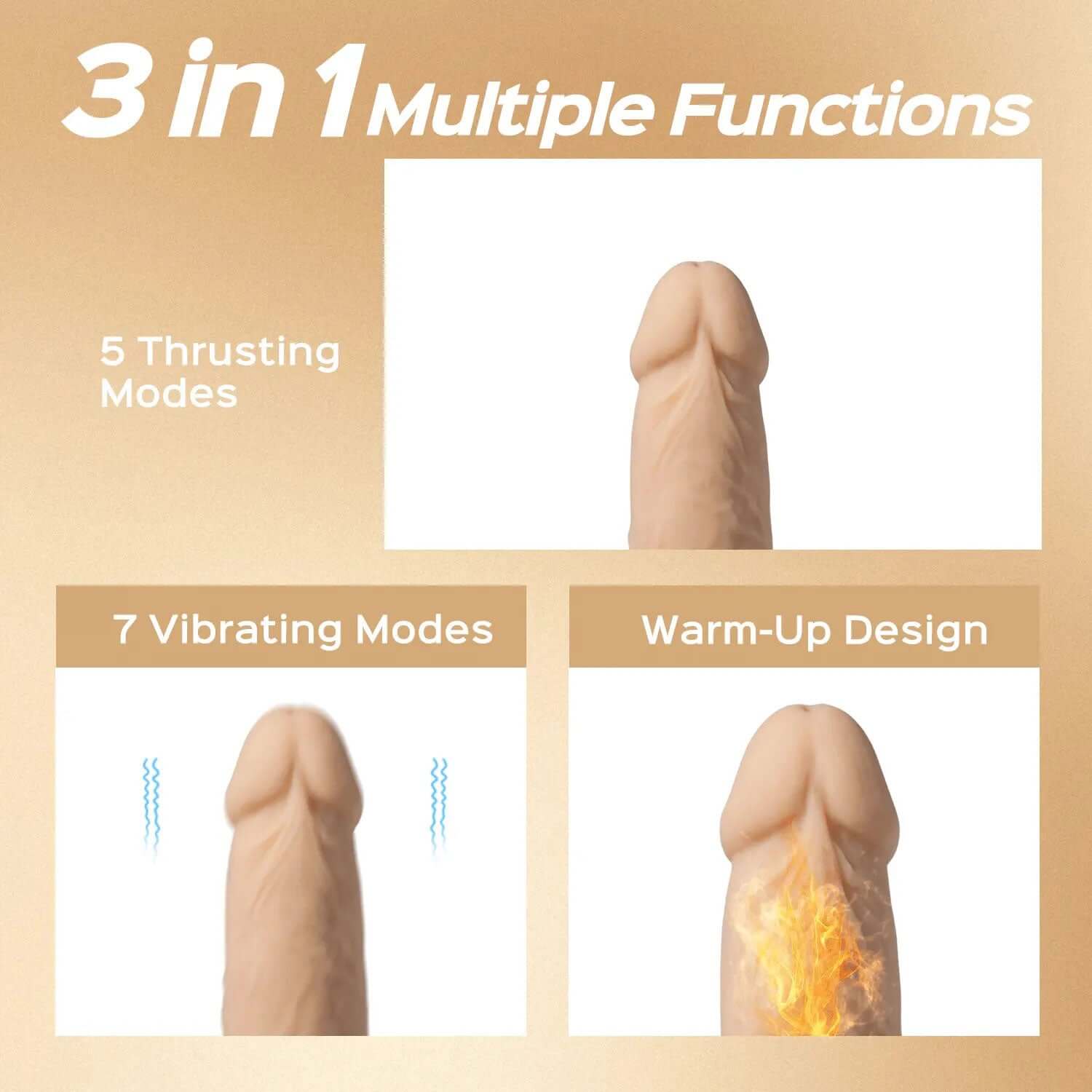3-in-1 dildo functions with 5 thrusting modes, 7 vibrating modes, and warm-up design for realistic and satisfying pleasure.