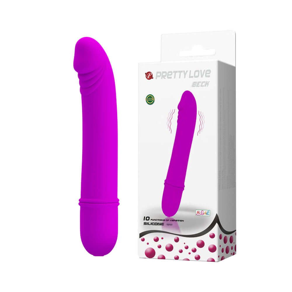 Pretty Love Vibrator Beck in vibrant purple with ergonomic design and packaging for a luxurious experience.